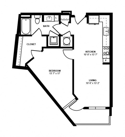 Floor plan for 1 bed, 1 bath, 683 sqft